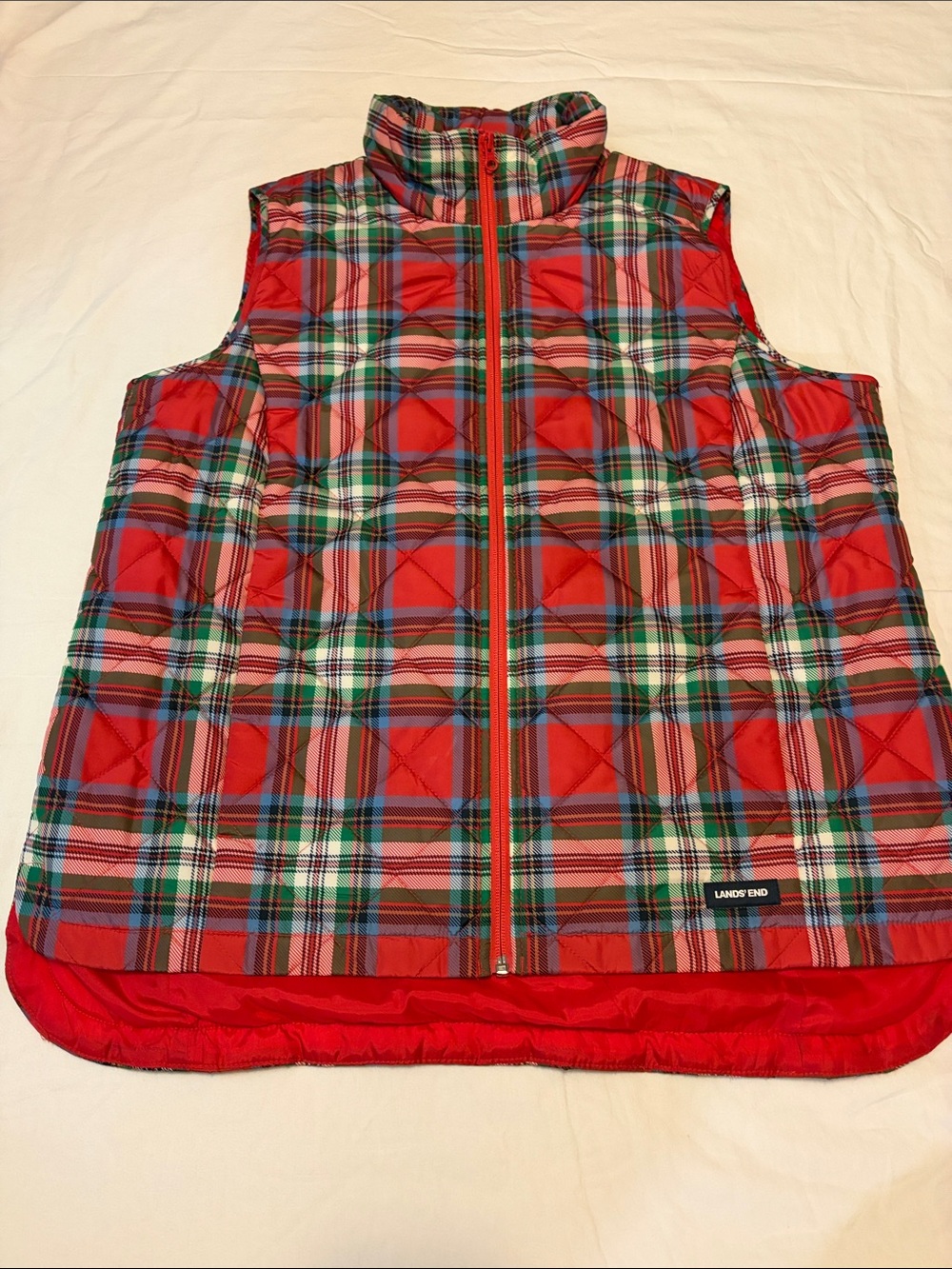 Lands' End Red Plaid Quilted Vest